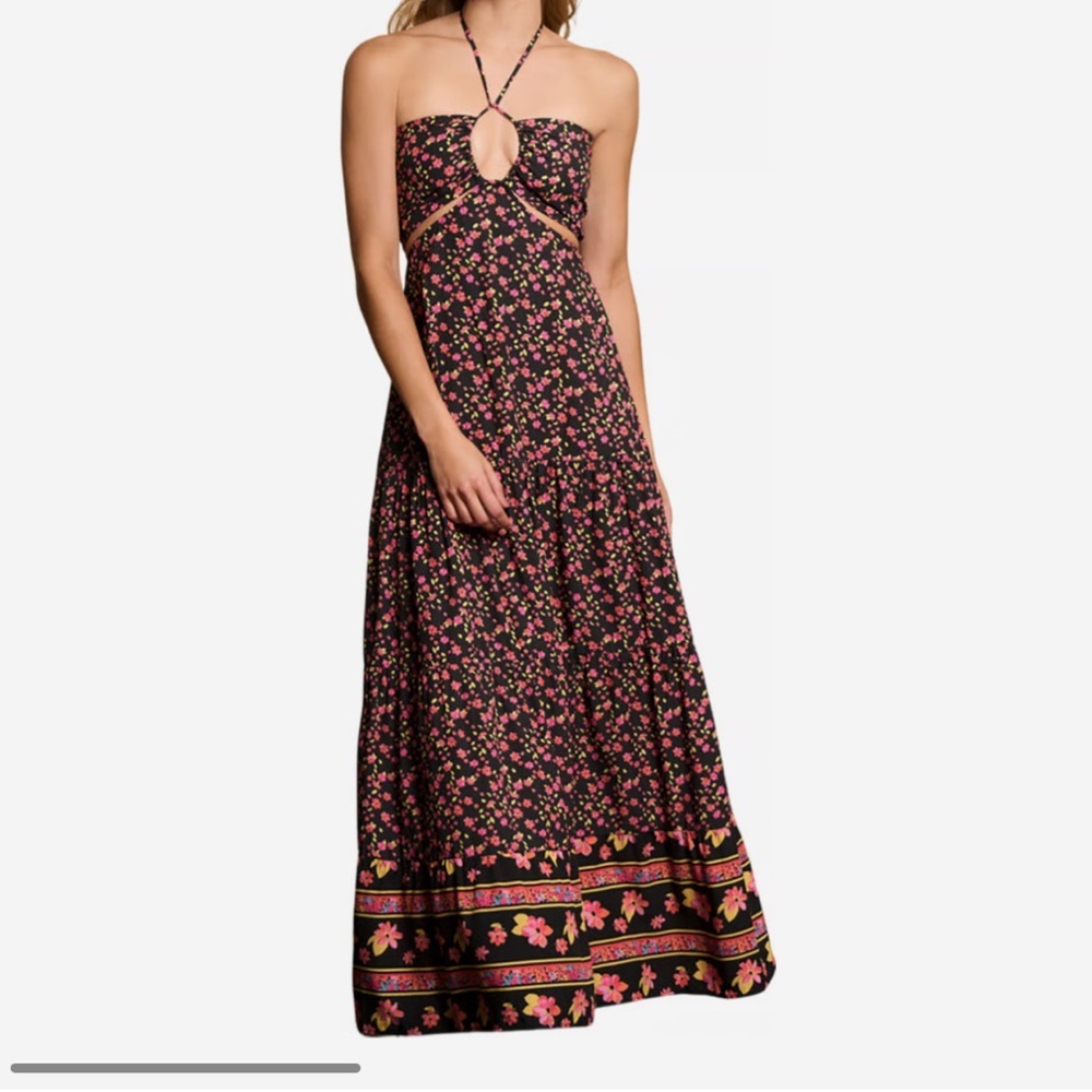 Floral Halter Maxi Dress - Black and Pink
